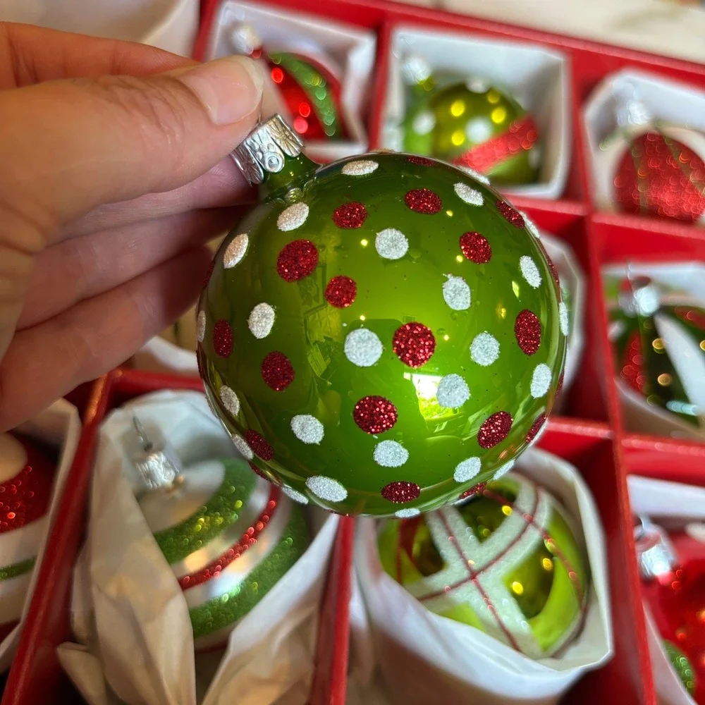 Crate and Barrel Glass Ornaments Set of 12 Red Green Glitter Handcrafted Czech